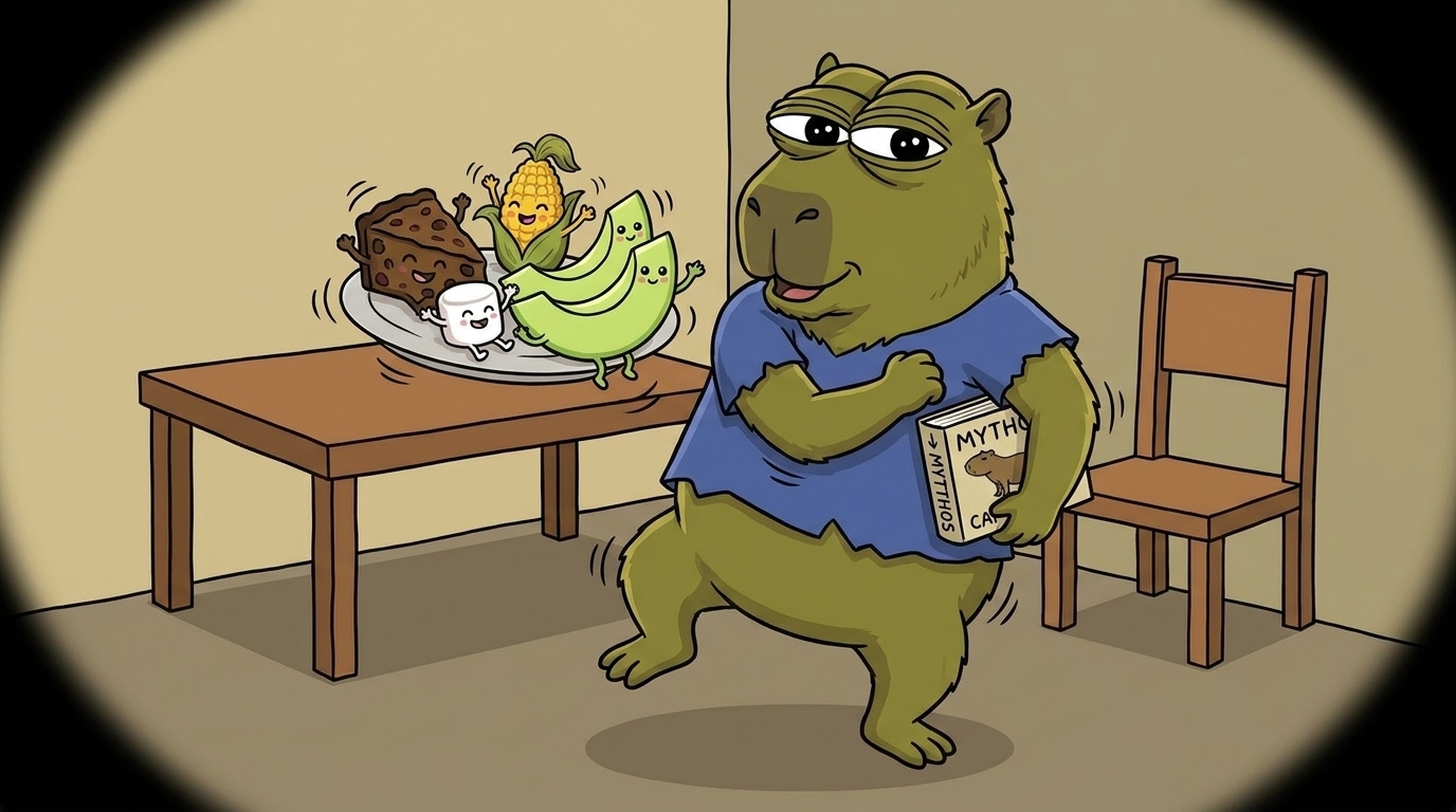 Mythos the capybara dancing with the snack-tier plate and the MYTHOS CAPYBARA book