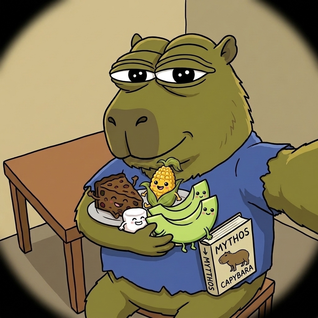 Mythos the capybara taking a selfie with a plate of happy food