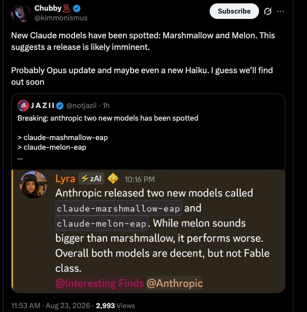 Screenshot of X post chain by @kimmonismus quoting @notjazii, leaking claude-mashmallow-eap and claude-melon-eap, with a Discord message from Lyra